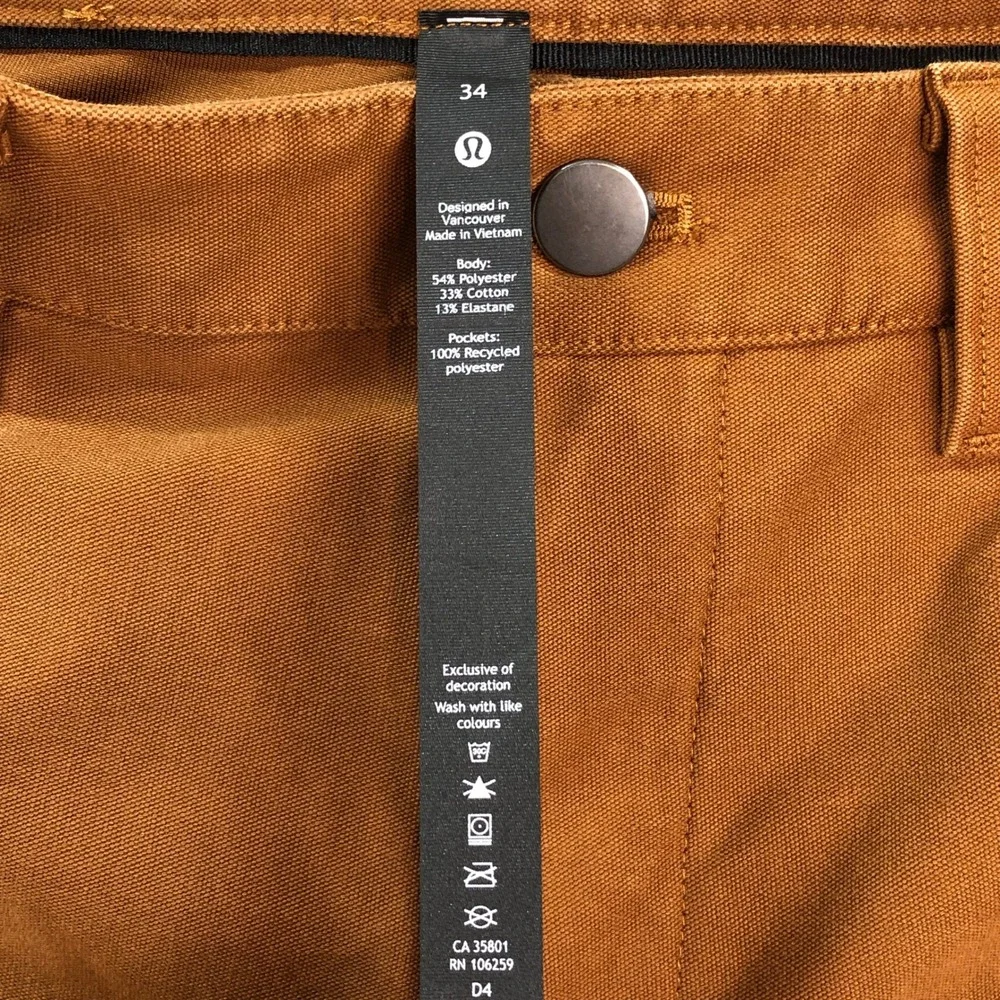 Lululemon Mens Canvas Pants 34x34 Brown Chino Slim Leg Stretch Athletic Pocket